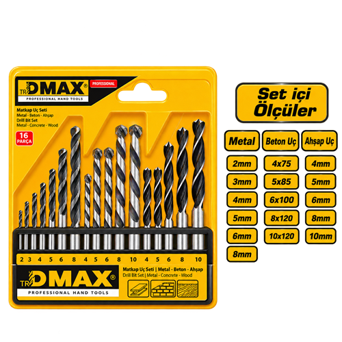 DMAX AHŞAP BETON METAL MATKAP UÇ SETİ ( 16 PARÇA ) DMX4345